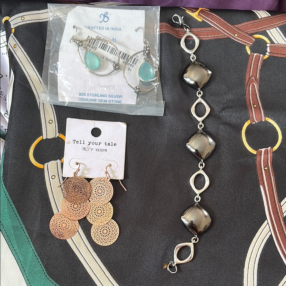 Silver and Green Geometric Earrings